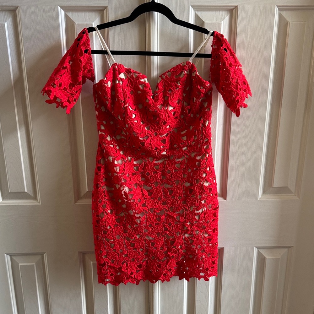 NWT J.O.A. Red Lace Off-Shoulder Mini Dress